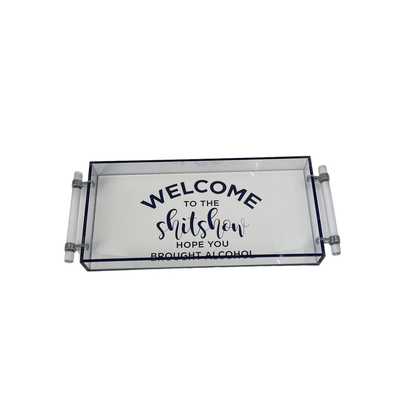 custom luxe acrylic tray showing two handles with silver detail. 