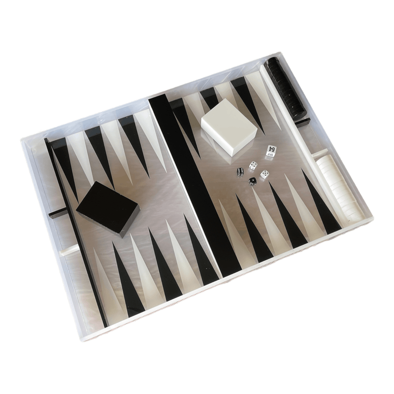 Backgammon set in white marble and white and black detail, chips, cups and dice