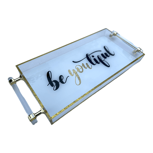 beyoutiful  luxe tray with clear and gold detail handles and gold sparkle backing that illuminates around the rim of the tray