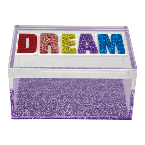 DREAM clear acrylic box with purple sparkle bottom and colorful acrylic lettering