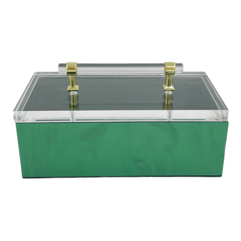 custom luxury rich green marble box with acrylic and gold detail handle