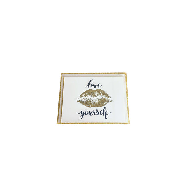 clear, white and gold glitter vanity tray that says love yourself in black script, big gold sparkle lips - A Gifted Story