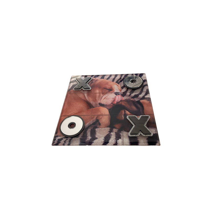 Personalized Photo Tic Tac Toe Game with photo of a puppy licking another puppy with double layer playing pieces