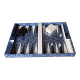 Backgammon set in blue ribbon and white and black detail, clear acrylic lid