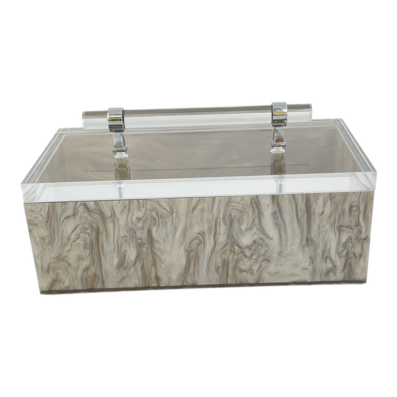 customizable, acrylic accessory box with handle to keep your items organized in silver marble