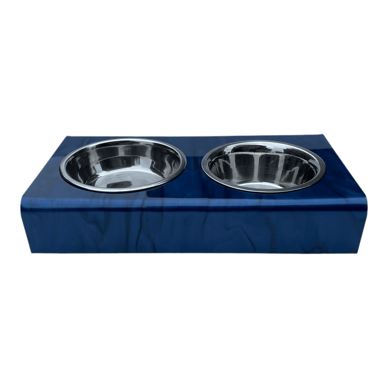 dark blue bite-size acrylic pet bowls, can be personalized with pet's name using single letter acrylic