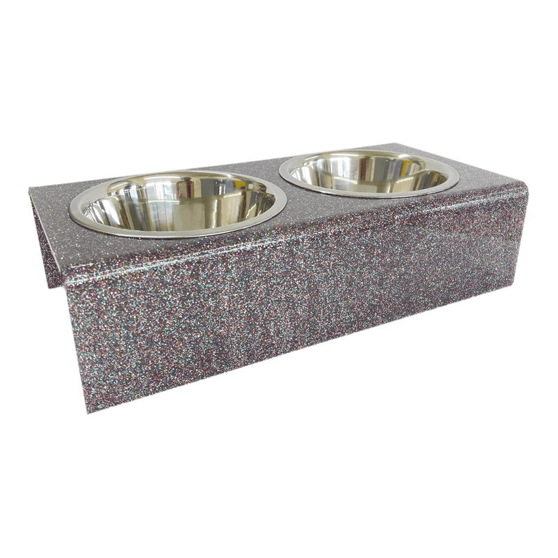 Multi-Sparkle mid-size acrylic pet bowls, can be personalized with pet's name using single letter acrylic