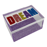 DREAM clear acrylic box with purple sparkle bottom and colorful acrylic lettering