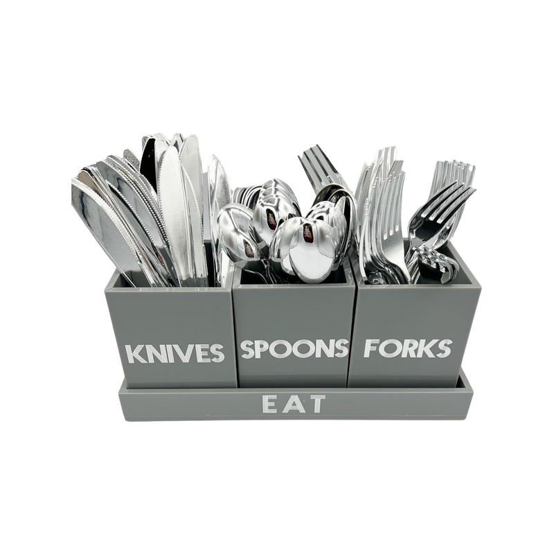 grey solid utensil caddy utensil holder with forks, knives and spoons displayed in the caddy