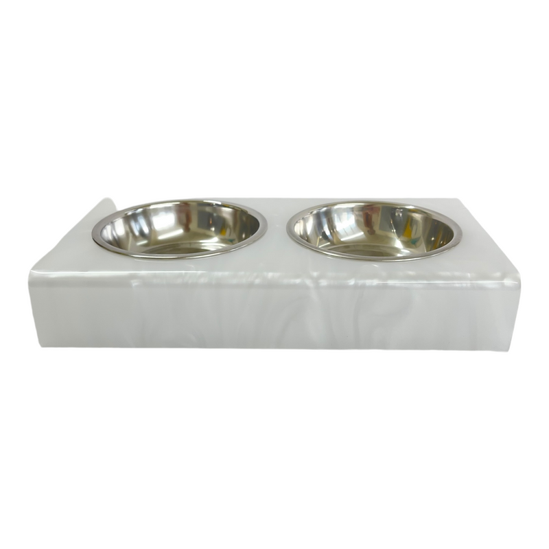 white marble bite-size acrylic pet bowls, can be personalized with pet's name using single letter acrylic