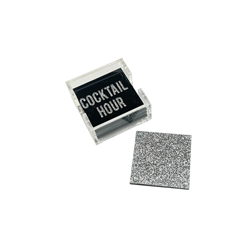side image of cocktail hour coaster in black with clear acrylic holder. 