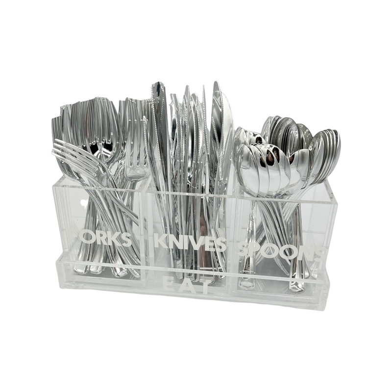 clear utensil holder with forks, knives and spoons displayed in the caddy 