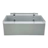 solid grey storage box with clear acrylic handle and silver detail