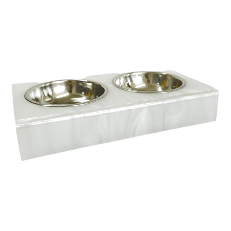 white marble bite-size acrylic pet bowls with 2 metal bowls 