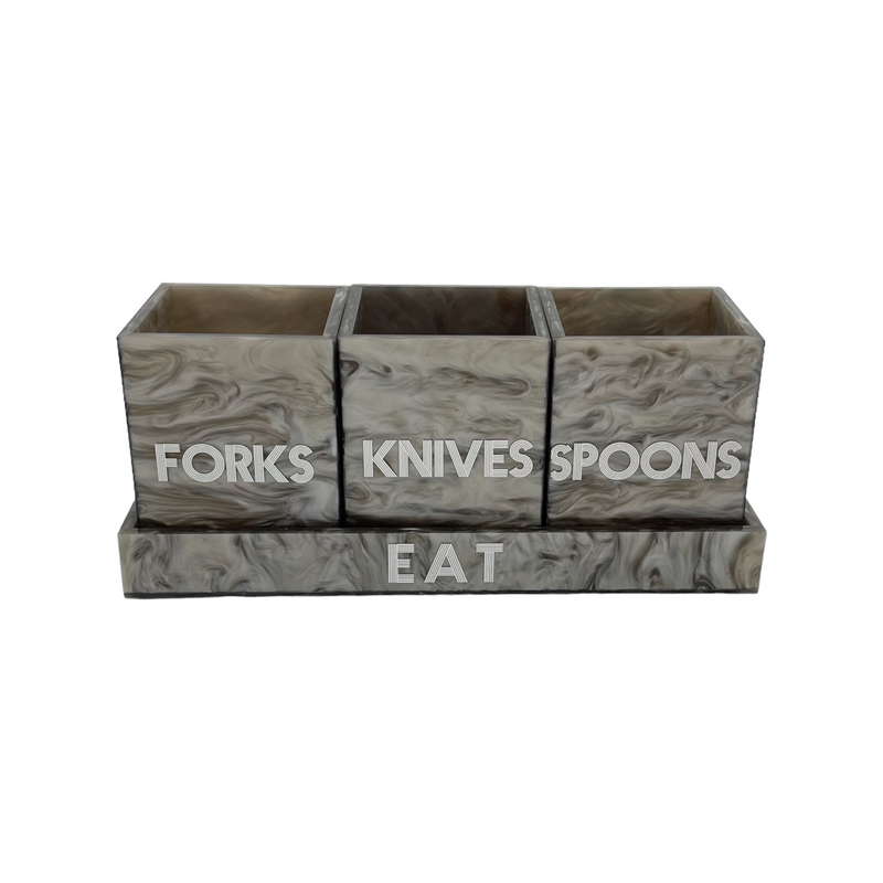 silver marble utensil caddy on tray that says EAT with 3 cups saying FORKS, KNIVES and SPOONS , white etched lettering