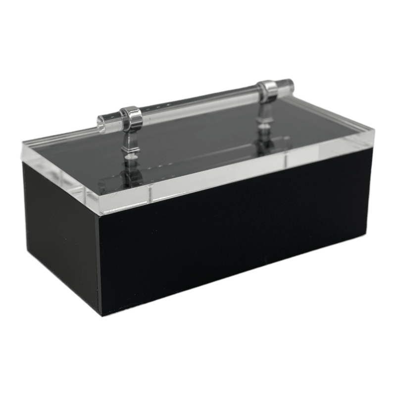 matte black storage box with clear acrylic handle and silver detail