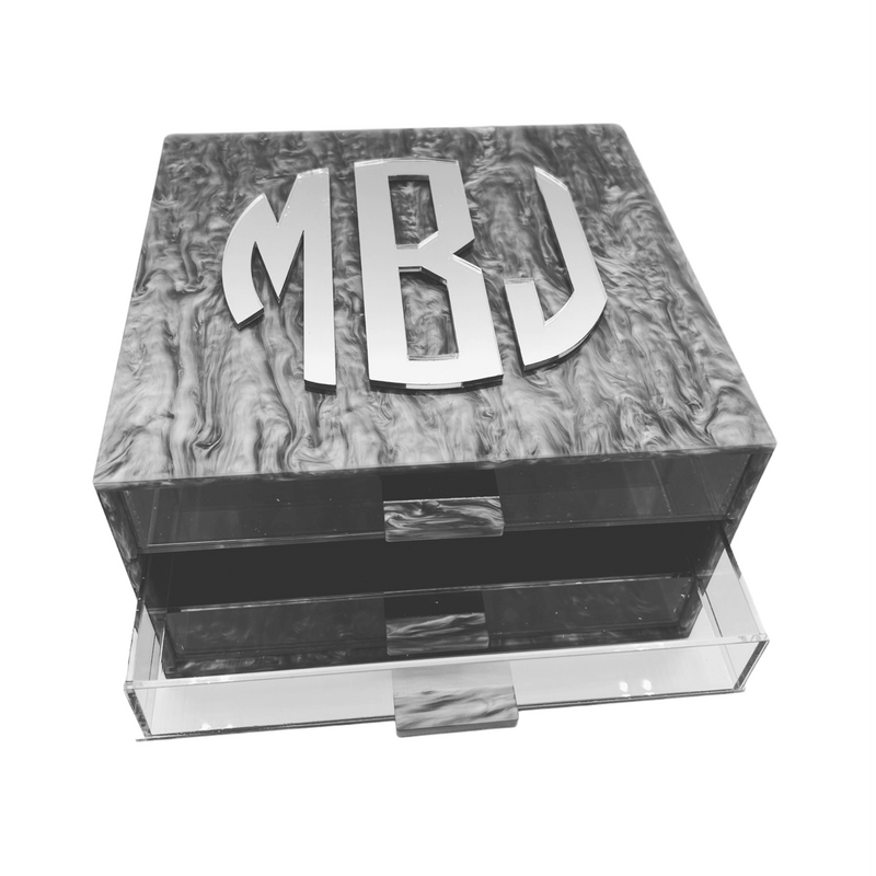 personalized JEWELRY BOXE in silver marble with MBJ monogram 