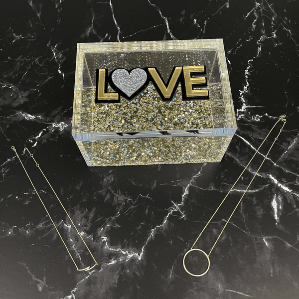 LOVE clear acrylic decor box with silver, gold sparkle bottom and double layer gold mirror letters, heart decal as an O