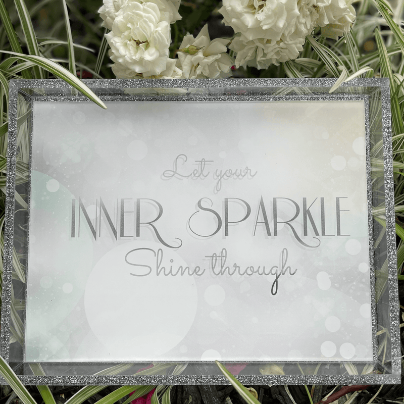 INNER SPARKLE VANITY TRAY with flowers surrounding it showing the detail of the silver sparkle rim detail