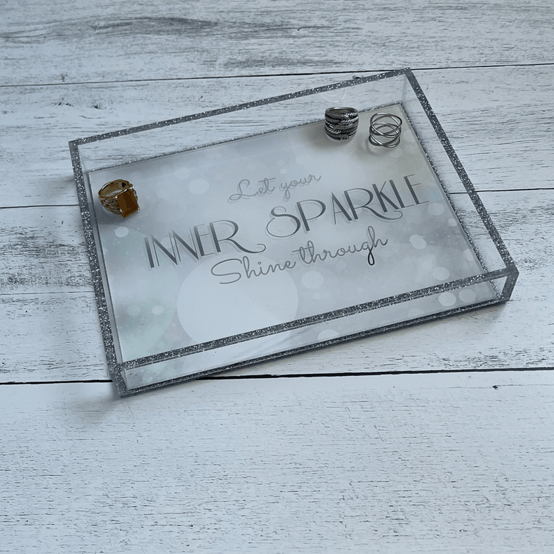 INNER SPARKLE VANITY TRAY on a white wood table with jewelry displayed in it