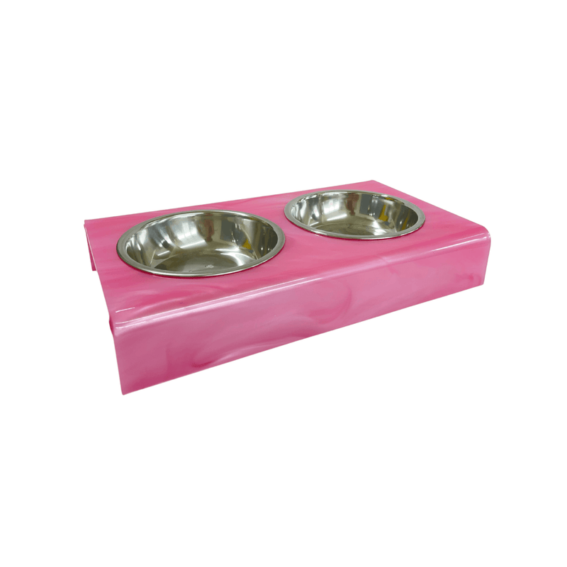 Pink Marble bite-size acrylic pet bowls, can be personalized with pet's name using single letter acrylic