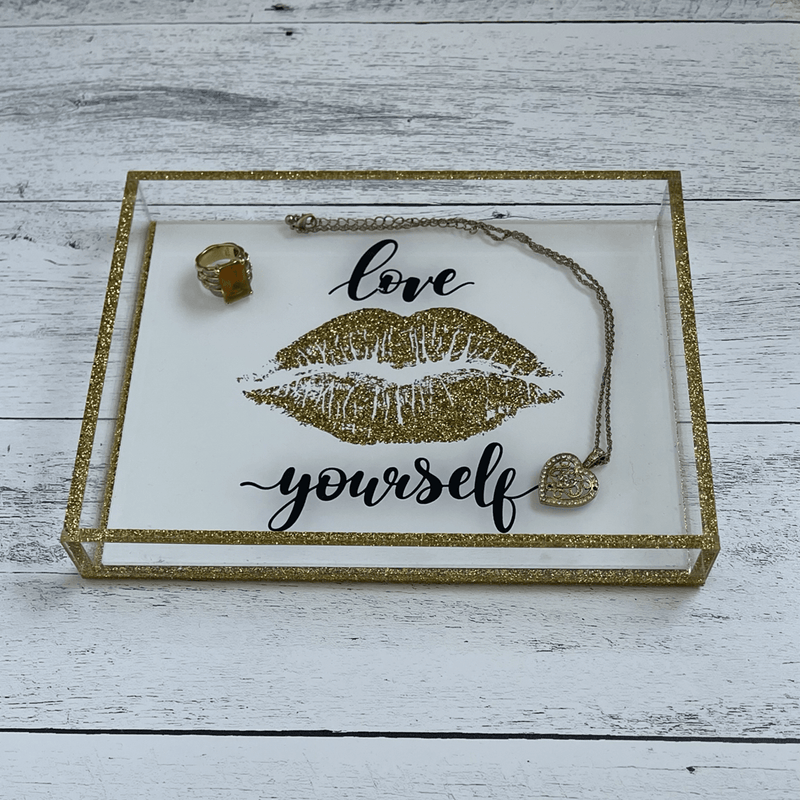 7x9 love yourself vanity tray with jewelry on it showing how to use it  - A Gifted Story