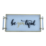 luxe beyoutiful tray written in black script and you is in gold sparkle script 