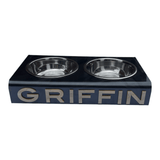 Black Solid Pet bowl personalized in gold marble acrylic lettering, GRIFFIN