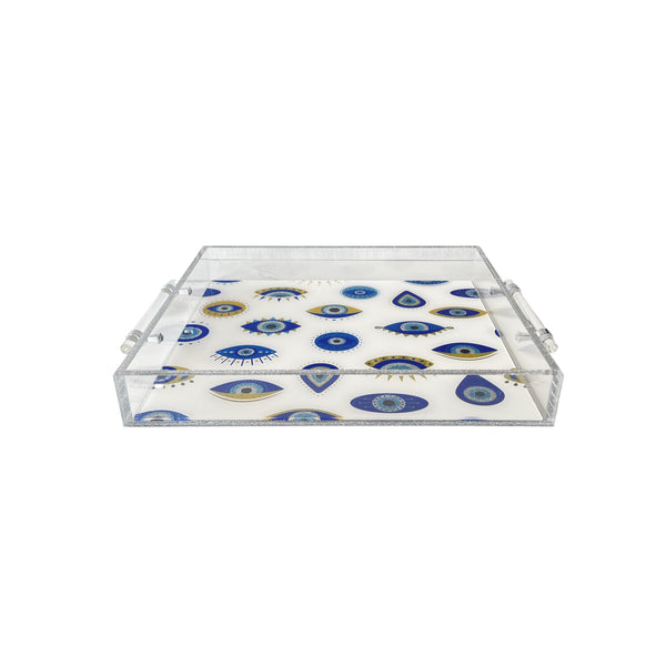 evil eye tray with clear handles with silver detail.