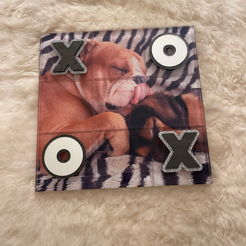Personalized Photo Tic Tac Toe Game with photo of a puppy licking another on fur background 