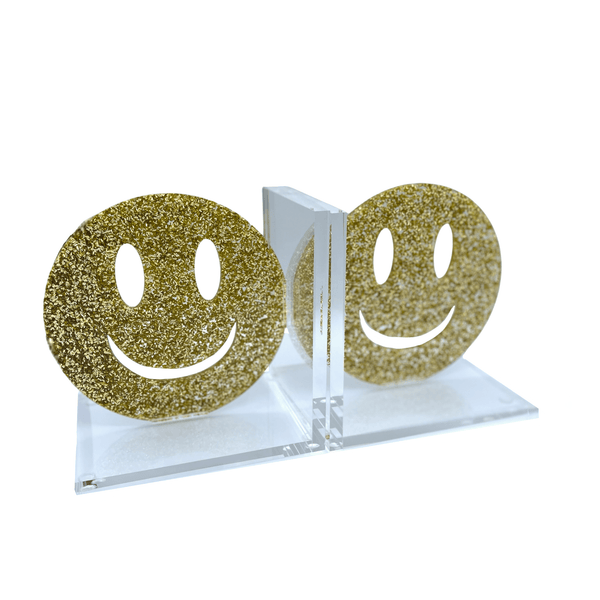 clear acrylic stand, gold glitter smiley face and cut out of eyes and smiley face 