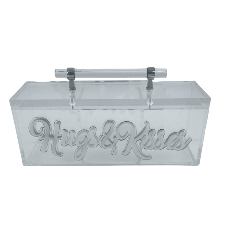 clear acrylic three section candy box with hugs & kisses double lettering written in script font - A Gifted Story
