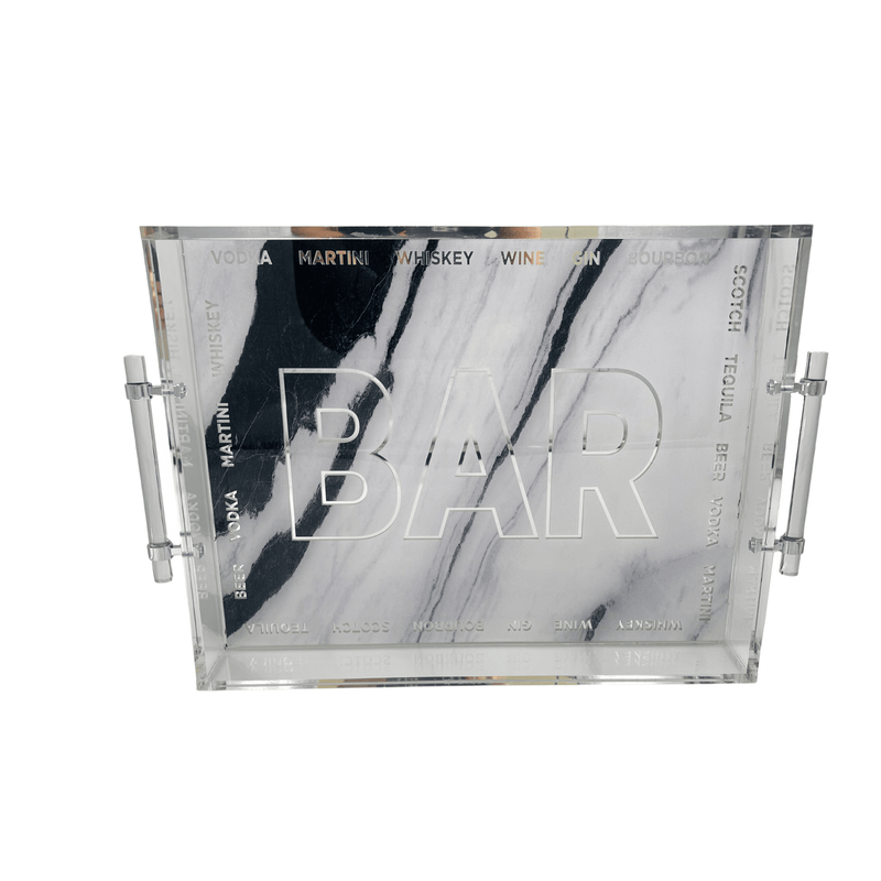 Extra luxe bar tray with clear acrylic handles and silver detail.