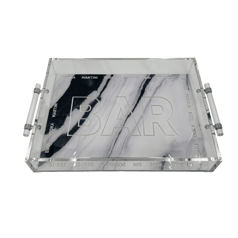 Extra-luxe Bar tray in grey and white marble and clear mirror.