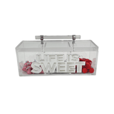 clear acrylic candy box with lid and handle, 3 compartments with clear dividers to add your favorite candy, LIFE IS SWEET in double lettering on front of box