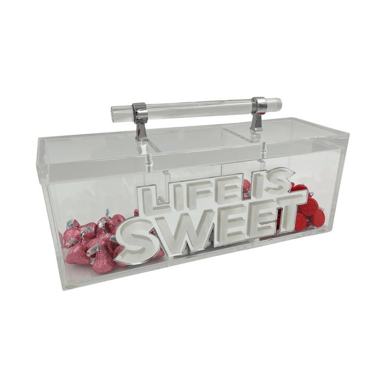 clear acrylic candy box, LIFE IS SWEET double lettering written on the front in white and clear mirror acrylic.
